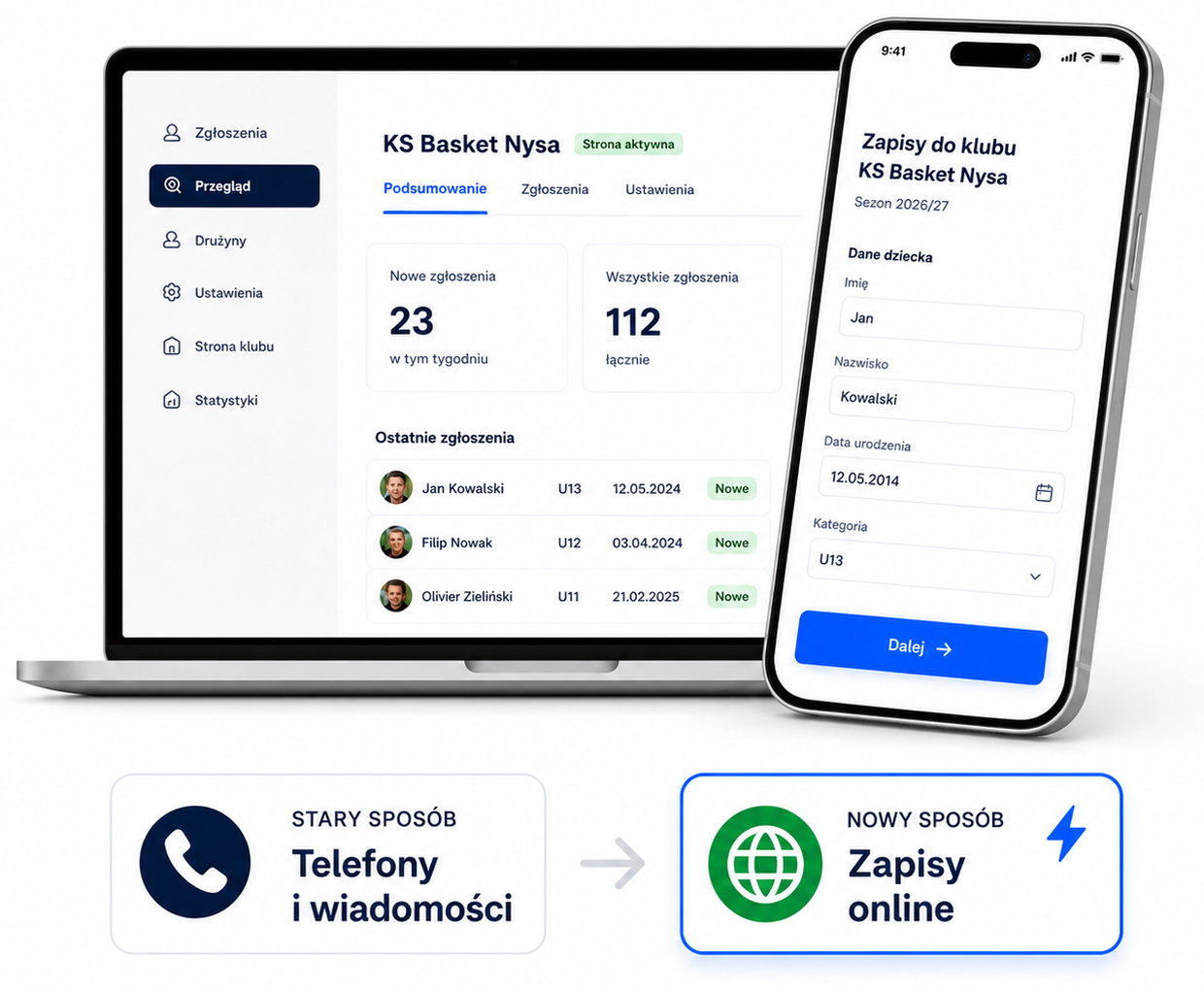 Panel klubu na laptopie i formularz zapisu na telefonie — telefony i wiadomości zastąpione zapisami online